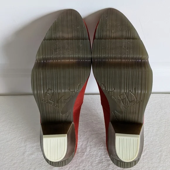 FLY London Suede Peep Toe Beveled Metallic Heel Burnt Orange EU40 9-9.5 NWOB - Picture 9 of 16